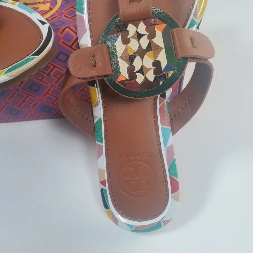 NEW Tory Burch Women’s Sandals Size 7 Brown Multicolor Logo Thong Flip Flop - Picture 3 of 9